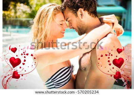 Valentines heart design against happy couple embracing in pool 3d