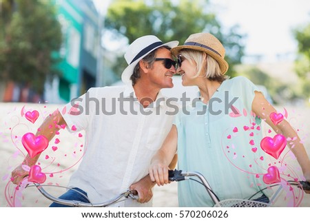 Valentines heart design against side view of couple about to kiss in city 3d