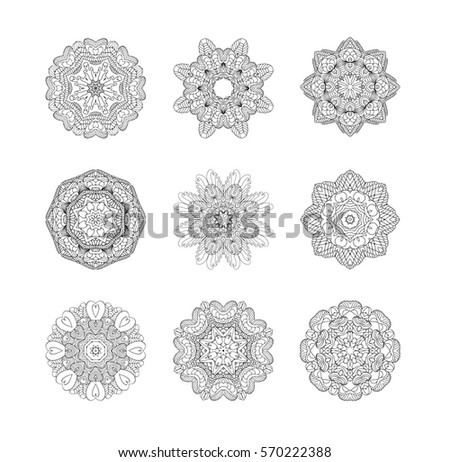 Hand drawn background. Oriental black and white mandala. Set of circular patterns or mandalas for coloring book on isolated background.
