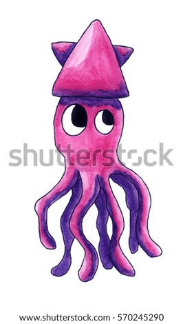 Handmade illustration of a pink squid
