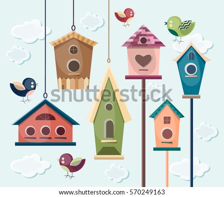 Collection of colorful birds and birdhouses