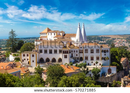 Palace of Sintra (Palacio Nacional de Sintra) in Sintra in a beautiful summer day, Portugal Royalty-Free Stock Photo #570271885