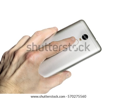 Finger touches the fingerprint scanner in the smartphone on white background