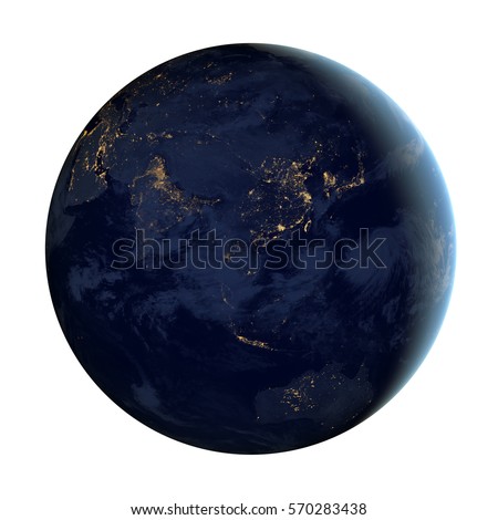 Night view of the Earth planet isolated on white background. Elements of this Image Furnished by NASA