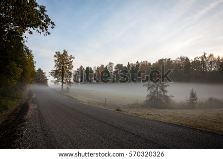misty countryside landscape in latvia with asphalt wavy road in autumn. cold morning