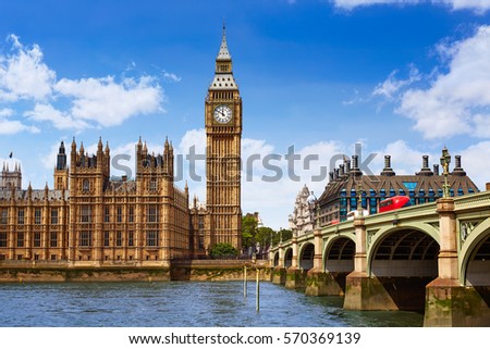 Big Ben London Clock tower in UK Thames river Royalty-Free Stock Photo #570369139