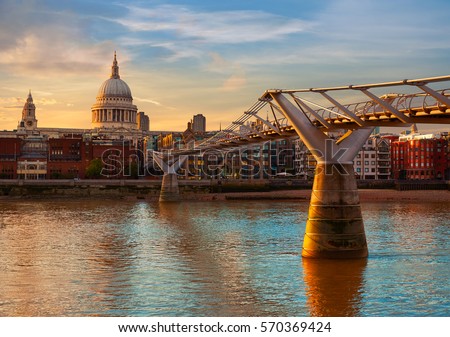 London St Paul Pauls cathedral sunset from Millennium bridge on Thames UK