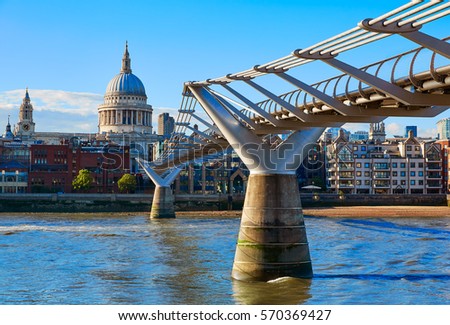London St Paul Pauls cathedral from Millennium bridge on Thames UK