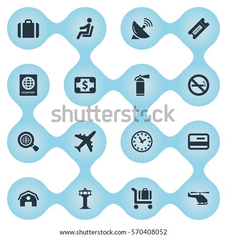 Set Of 16 Simple Airport Icons. Can Be Found Such Elements As Protection Tool, Air Transport, Certificate Of Citizenship And Other.