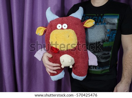 Textile Red Cow with blue horns and udders. Toy. pillow. Gift. Handmade