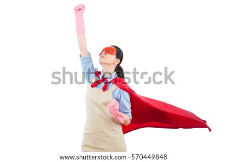 beautiful housewife hero ready to go and fly for cleaning house services with superhero costume clothing. isolated on white background. housework and household concept.