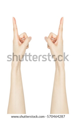 Female Hands pointing, touching or pressing upward isolated on white background