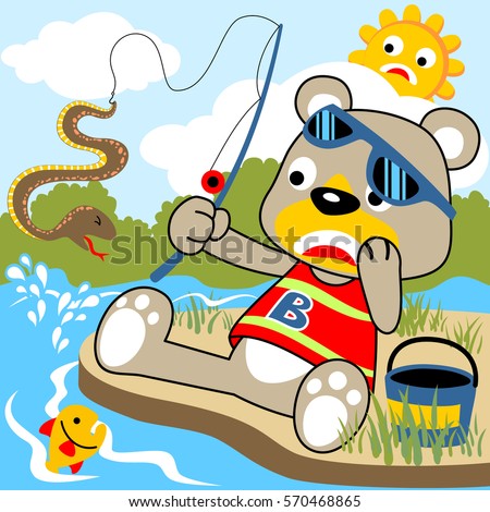 Funny bear fishing in a swamp get a snake, humor cartoon vector illustration