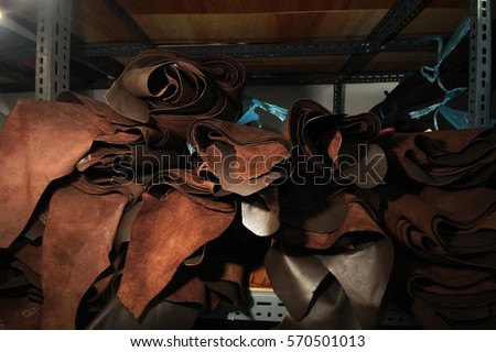 Leather selection collection  / stock of leather for customer in design phase of textile manufacturing business
