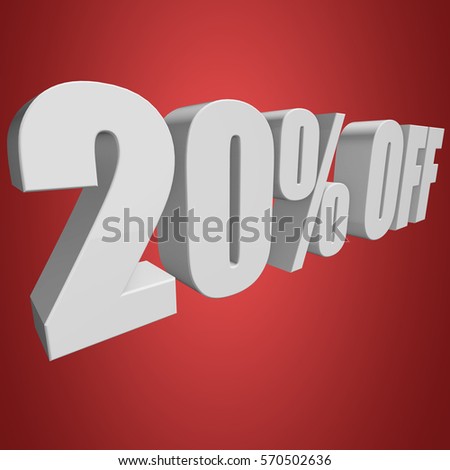 20 percent off letters on red background. 3d render isolated.
