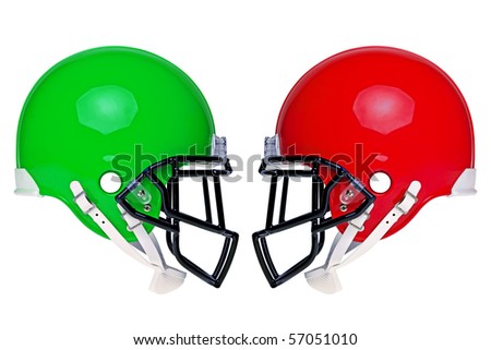 Photo of two American football helmets isolated on a white background.