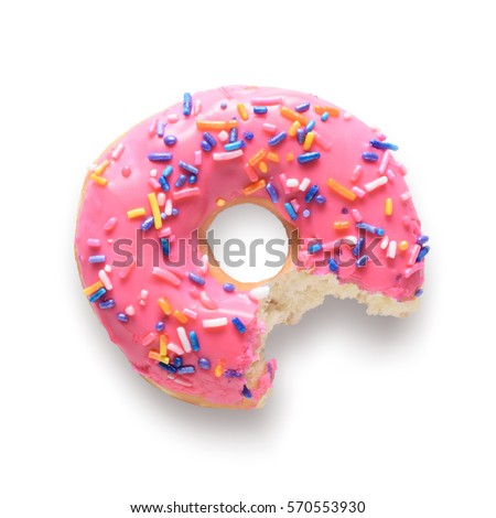Pink frosted donut with colorful sprinkles with bite missing. Isolated on white background and include clipping path Royalty-Free Stock Photo #570553930