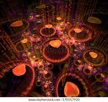 Black and orange background. Fractal hearts flying in dark space. Pink circles of water drops. Dotted rays beam from surface. 3d render.