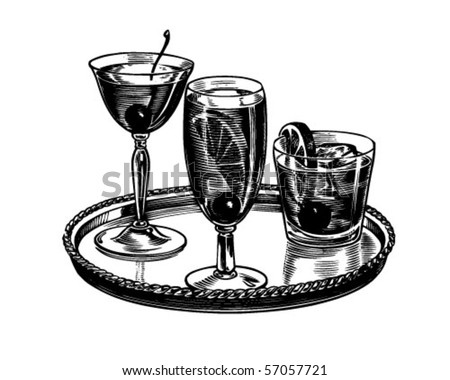 Tray Of Cocktails - Retro Clip Art