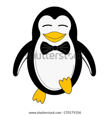 Illustration of happy penguin on a white background. In a cartoon style. The picture in the book. Greeting. 