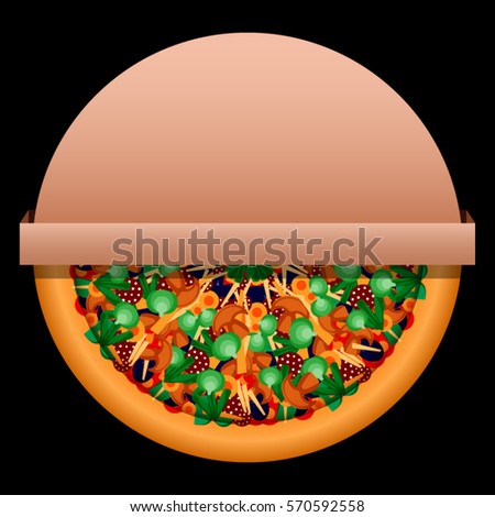 Bright pizza in a round box on a black background. Template or logo for the pizza delivery service.