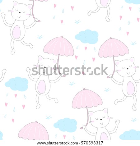 Happy cat walk under the rain of love from the heart with an umbrella.
