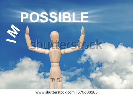 Wooden dummy puppet on sky background with word IMPOSSIBLE. Abstract conceptual image.
