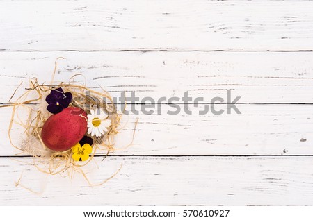 Easter egg in rustic nest with spring blossoms on white wood background.