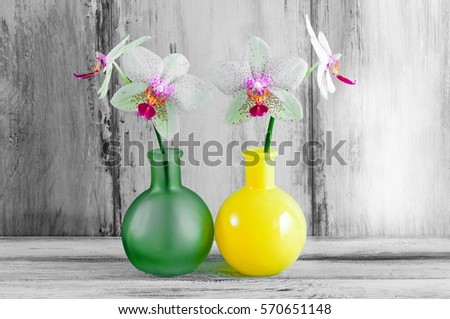 Home decor, orchid flowers in a vase on a wooden table vintage white retro interior with flowers.