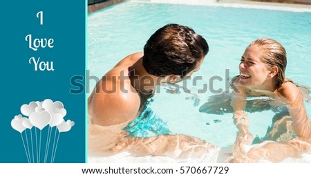 Composite image of I love you text with happy couple enjoying in pool
