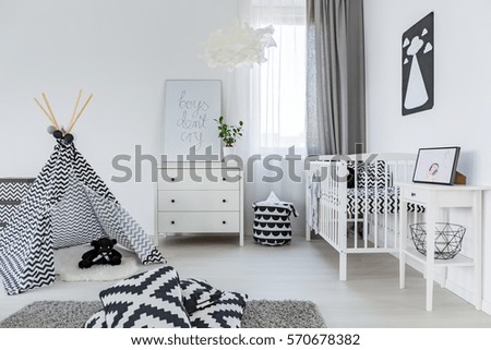 Bright baby room in nordic style with tipi