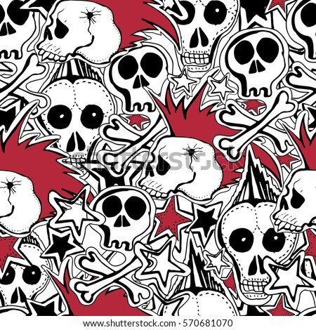 Vector seamless pattern. Crazy punk rock abstract background. Skulls, pins, guitars, rock symbols, disk, stars,lips.  