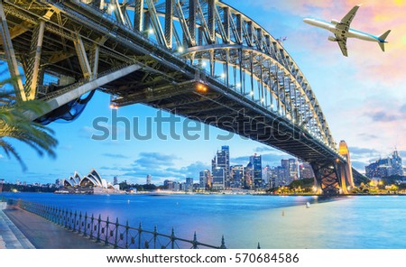 Passenger airplane over Sydney, Australia. Travel concept.