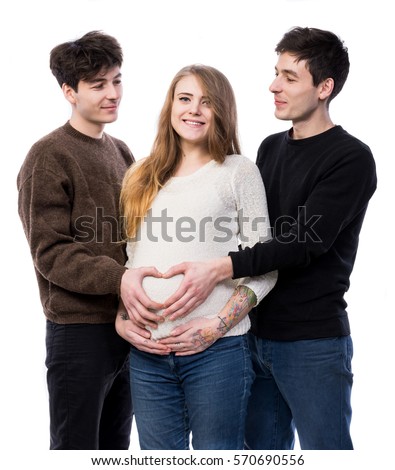 Modern polygamous family with one wife  and two husbands. Young pregnant woman posing with two young man on a white background