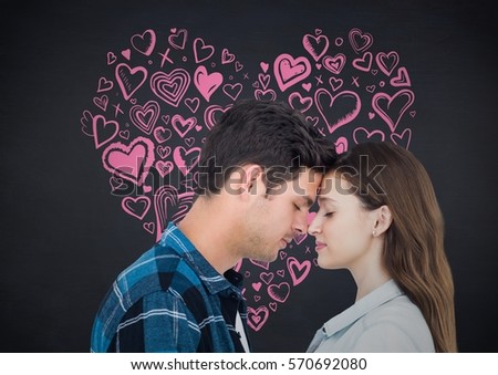 Composite image of couple embracing each other against digital generated hearts background