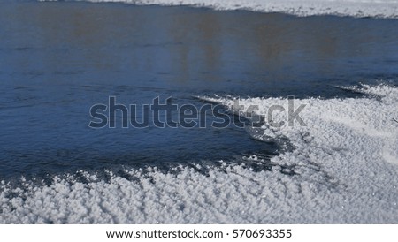 river winter ice snow, flowing blue water flow, the nature of a winter landscape