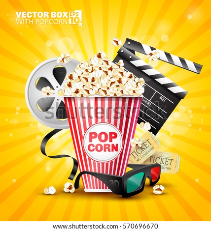 Vector illustration for the film industry. Elements of the film industry. A box of popcorn and other elements of the movie. Royalty-Free Stock Photo #570696670