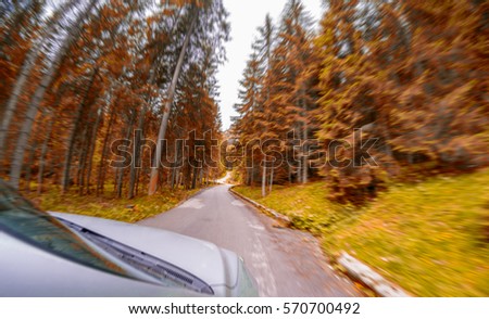 Blurred image of fast moving car through forest road.