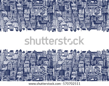 Horizontal reflection banner of big city with skyscrapers. Hand drawn illustration with New York NYC, cityscape with panoramic view of architecture, skyscrapers, megapolis, buildings, downtown.