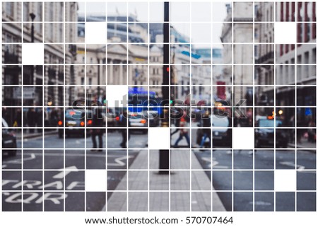 London, city, street, view, people, busy, central abstract mosaic, square tile, pattern, puzzle pieces abstract background image.