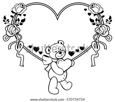 Heart-shaped frame with outline roses, teddy bear holding heart. Valentine Day background. Vector clip art.