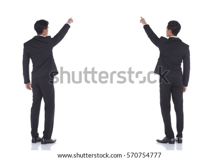 Back Rear View of Two Business Men point hand finger to target growth sale achieve top concept, studio lighting white background isolated