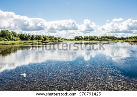 Reflection of volumetric clouds in the mirrored surface of a pond with soft algae and water lilies.

