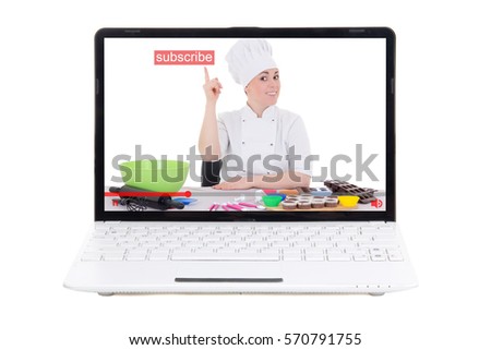food video blog concept - woman making food and pointing at subscribe button on laptop screen isolated on white background