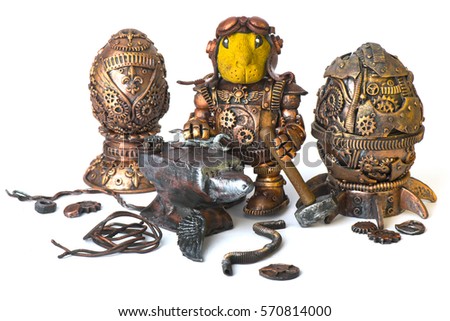 Steampunk robot. Rabbit egg tool. Cyberpunk style. Chrome and bronze parts. Isolated on white.