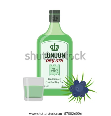 Traditional dry gin in green bottle with juniper. Alcohol drink in flat vector style.