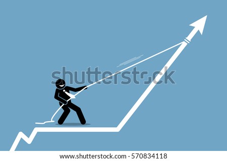 Businessman pulling arrow graph chart up with a rope. Vector artwork depicts gain, profit, boost, and reward.  Royalty-Free Stock Photo #570834118
