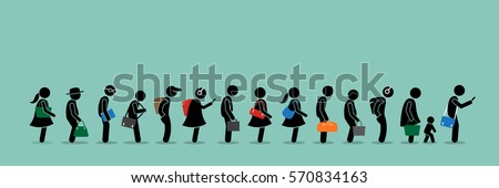 People queuing up in a long queue line.  Royalty-Free Stock Photo #570834163
