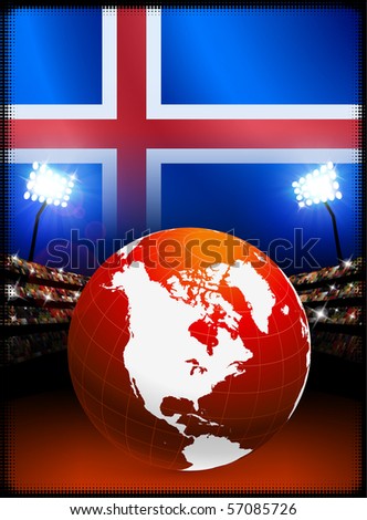Iceland Flag with Globe on Stadium Background Original Illustration