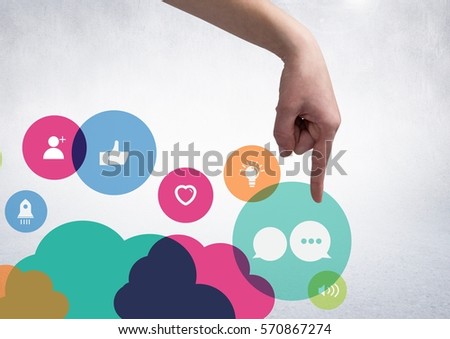 Close-up of hand touching cloud computing application icons